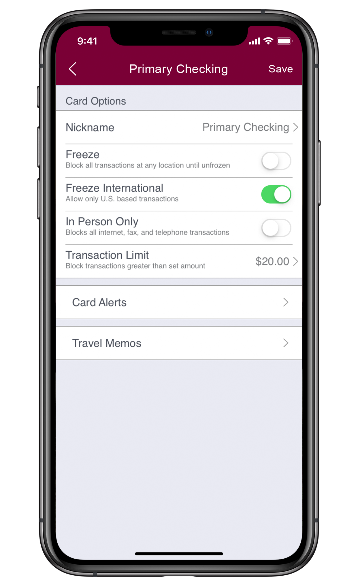mobile app card controls screen