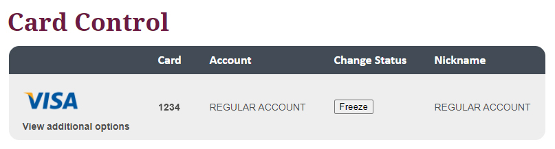 image of initial card controls page within the website displaying card and option to freeze