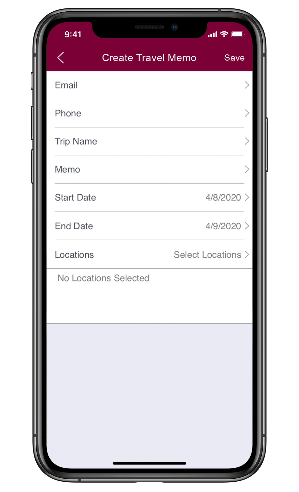 mobile app travel memos screen